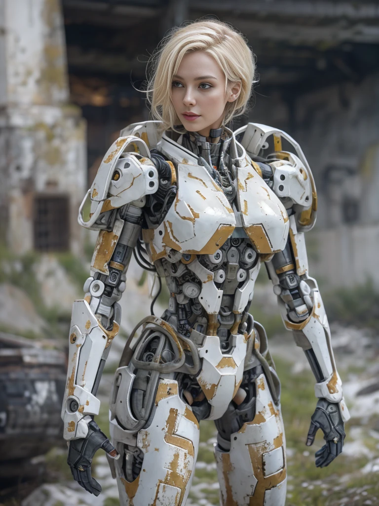 ((masterpiece, highest quality, Highest image quality, High resolution, photorealistic, Raw photo, 8K)), Abandoned robot soldier on battlefield, broken and immobile, rust and moss showing passage of time, female cyborg body, Blonde, female body, biomechanical , extra detailed body, blowjob white mech, white biomechanical details, detailed body, shiny white armor, cybernetic body, eva unit-00 on back, full body details,