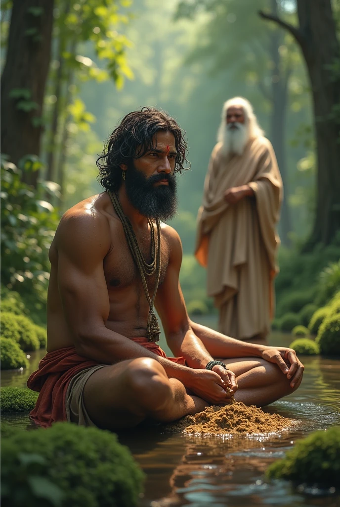 One 25 years aged bramhana men with beautiful face and good body walking eating cow dung in the middle of forest,when he eating cow dung other old bramhana pandit with shining body looks hims peacefully