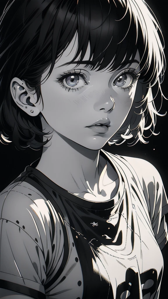 1 boyish girl, solo, sharp eyes, expressionless, monochrome, greyscale, short black hair, portrait, white T-shirt, closed mouth, looking at viewer, graphite \(medium\), detailed lips, hatching \(texture\), without makeup, bangs, upper body, (best illustration), (best quality), (very detailed), (masterpiece), expressionless,
