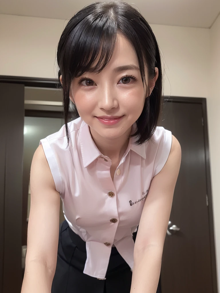 (Highest quality:1.5)、(masterpiece:1.5)、(8k:1.5)、(very small flat chest:1.5)、(Sleeveless, tight, light pink business shirt:1.5)、(A skirt so short that you can almost see her panties:1.5)、(Slender:1.5)、(Blushing:1.5)、(smile:1.5)、(whole body)、(Thin and beautiful legs:1.3)、((50 year old mature woman:2.0))、((Wrinkles around the eyes:1.7))、((Wrinkles around the mouth:1.7))、((Erect nipples:1.4))、(Entrance of the apartment:1.5)、(Elegant hairstyle:1.3)、(One woman:1.5)、(Beautiful black hair:1.5)、(Open the buttons on your business shirt:1.5)、(Leaning forward:1.5)、(A small portion of his flat chest is exposed through the gap in his business shirt.:1.5)、