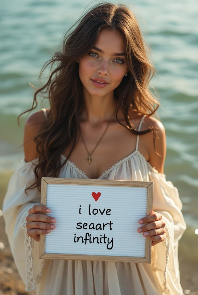 Beautiful girl with wavy long hair, bohemian dress, holding a white board with text "I Love Seaart Infinity" and showing it to the viewer