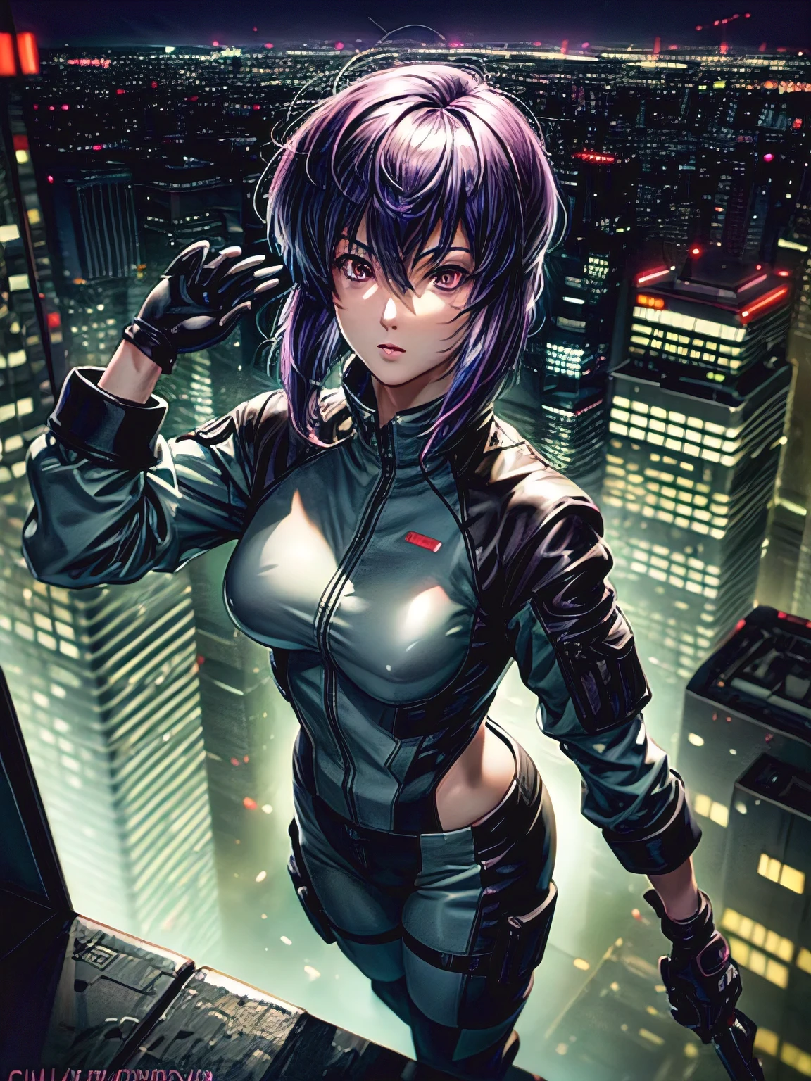 Ghost in the Shell, Motoko Kusanagi, Purple short bob cut, Hair between the eyes, Slightly asymmetrical bangs, ((Optical Camouflage Suit, Optical camouflage suit from the neck down)), Jump up into the sky, view From above, The background is Tokyo's buildings at night, Reflective and shiny, ((Night Scenery)), Lots of window lights, Glitching, ((masterpiece, best quality, high resolution)) 