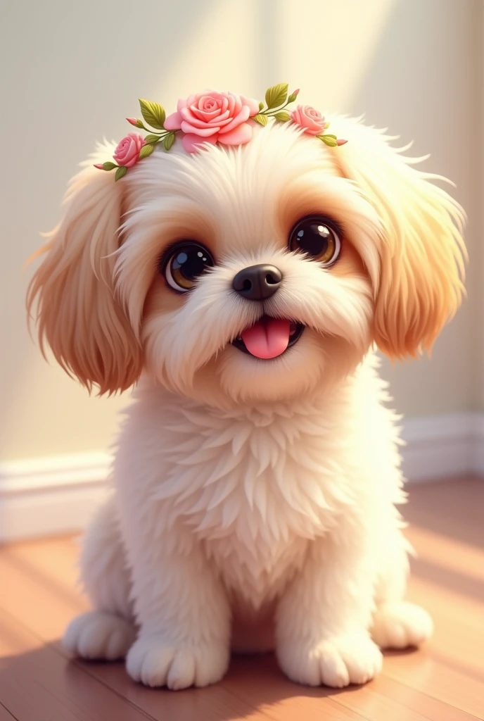 White female Shih Tzu with a flower crown on her head, with a fluffy, furry coat that shines in the sunlight. His eyes are large and very expressive., transmitting an unmistakable sweetness. The dog's ear is long and covered with soft fur., and its snout is small and slightly flattened, giving it a lovely look. The little animal may have its tongue hanging out, looking curious and playful. Make her more girly