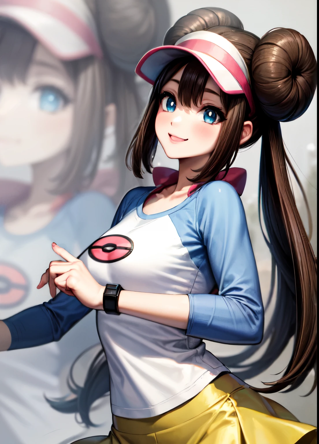 ((best quality)), ((highly detailed)), masterpiece, , (1girl), solo, IncrsZmLayer, zoom layer, dynamic pose, upper body, rosa (pokemon), long hair, hair buns, blue eyes, medium breasts, smiling, visor, raglan sleeves, bracelet, yellow skirt, leggings, sneakers, (outside, in a dense forest, path, forest canopy, midday, snowing)
