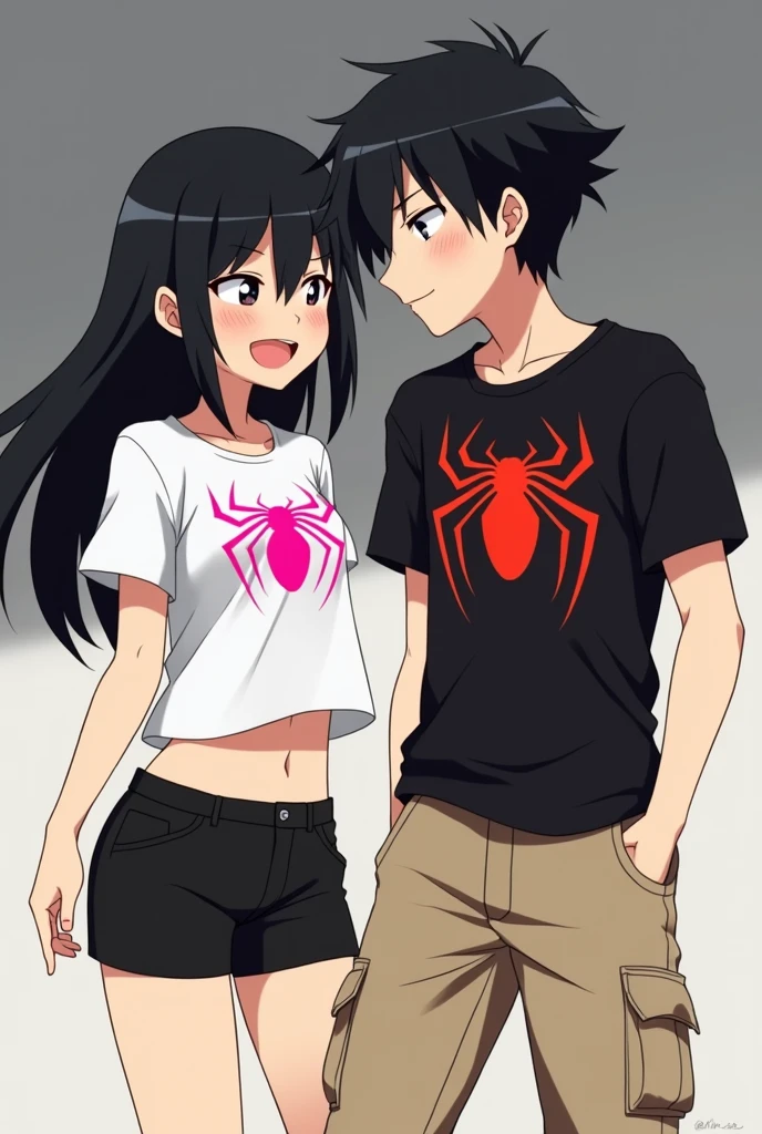 The image you shared shows two characters, both with a youthful appearance and an anime style. 

The character on the left is a girl with long black hair, dressed in a white t-shirt, with the pink spiderman spider logo, revealing part of his abdomen. besides, He is wearing black shorts. His expression is playful or confident, as she appears to be smiling slightly and looking at the male character.

The character on the right is a boy with short black hair. He is wearing a black short-sleeved T-shirt, It has the Spiderman spider logo on the chest in red, beige long pants. He is smiling and has his arms crossed, suggesting a relaxed and perhaps slightly defiant attitude as he looks at the girl.

The background of the image is simple, with grey and black tones, which makes the characters stand out more.