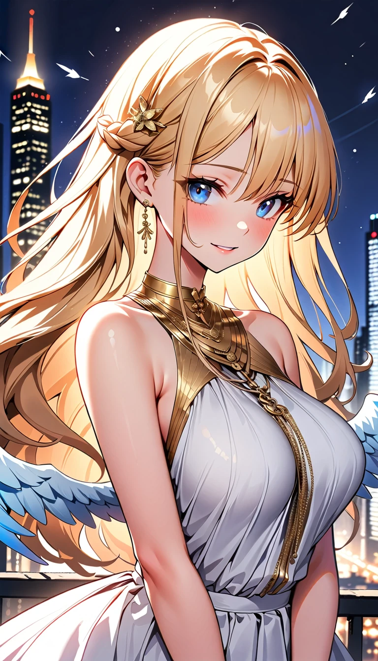 (8k, Highest quality, masterpiece:1.2),(Highest quality:1.0), (Ultra-high resolution:1.0), The image depicts a female angel floating above a city at night.。. The city lights shine golden、Create a dramatic atmosphere, Its delicate presence and black feathers contrast with the urban environment.。. Women seem protective and cautious., Glowing Skin, , rtrophto1,