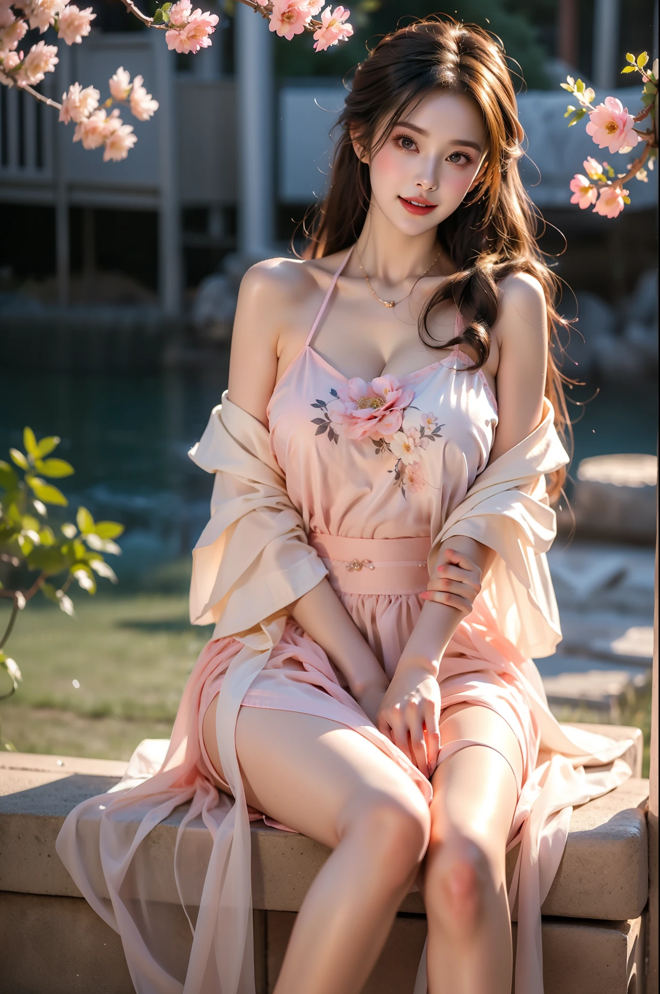 ((night，moonlight))，She gently lifted her skirt with one hand，Make gentle and playful gestures，((Lots of flowers瓣)), Lots of flowers，Petals scattered all over the ground，Cherry tree，Petals are flying all over the sky，Beautiful and charming woman, Elegantly, Her plump breasts are fully exposed.，Visible cleavage，The skirt is short，Natural legs，Sexy legs，Legs in a natural position，Shapely legs，Legs in natural light，Smooth skin，Slender and lovely beauty, Eyes sparkling，Her skin is flawless。Her curves are highlighted。Shine in the light，The color is pastel，She lay confidently，Elegant posture。Elegant heels，The atmosphere of the whole photo is peaceful and positive，Emphasis on natural beauty and elegance, Studio Lighting,Vibrant colors, Cute girl, sweet smile, Exquisite makeup，Shy，blush，open mouth，Heavy breathing，moan，超realism，realism，Movie Lighting，Comfort，Sony FE GM，Retina，masterpiece，precise，Anatomically correct，Textured Skin，Super Detail，High Detail，best quality，Colorful