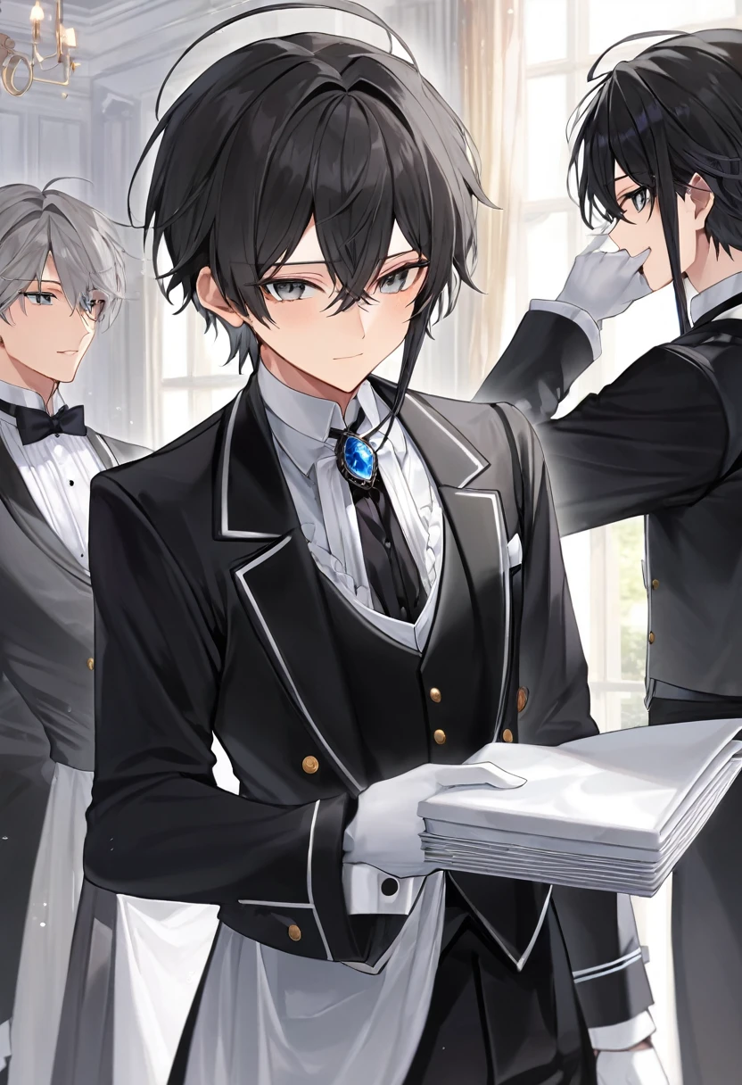 (Mastepiece)、(Best Quality)、Very detailed、((Two butlers:1.5))、Perfect Face、Beautiful Face、Very detailedな顔、(Black-haired boy:1.3)、(Gray-haired:1.3)、Black butler uniform、White gloves