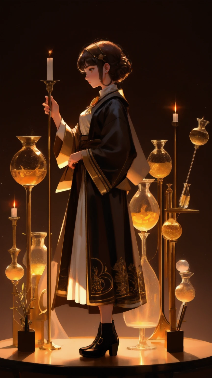A beautiful young female alchemist, surrounded by glowing altcoins like Bitcoin, Ethereum, and other cryptocurrencies. She stands at an elaborate alchemical table, performing a ritual with beakers, flasks, and arcane symbols. The scene is bathed in warm, golden light with intricate details, all set against a rich, brown background, emphasizing the 'Altcoin Alchemy' theme.