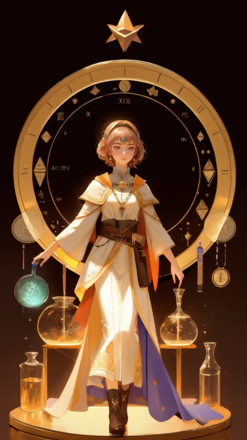 A beautiful young female alchemist, surrounded by glowing altcoins like Bitcoin, Ethereum, and other cryptocurrencies. She stands at an elaborate alchemical table, performing a ritual with beakers, flasks, and arcane symbols. The scene is bathed in warm, golden light with intricate details, all set against a rich, brown background, emphasizing the 'Altcoin Alchemy' theme.