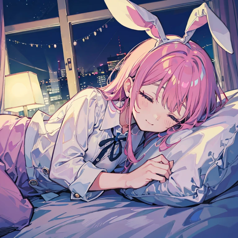 Rabbit Eared Girl Sleeping Happy sleeping face At the bed Inside the room By night Cloudy