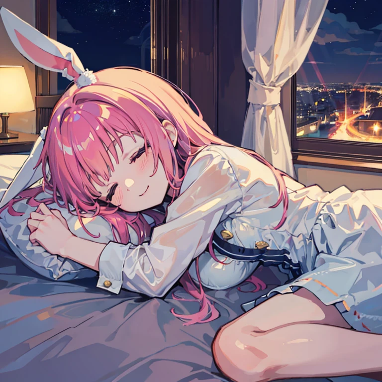 Rabbit Eared Girl Sleeping Happy sleeping face At the bed Inside the room By night Cloudy