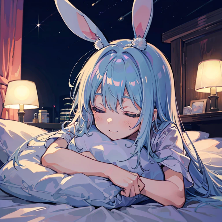 Rabbit Eared Girl Sleeping Happy sleeping face At the bed Inside the room By night Cloudy