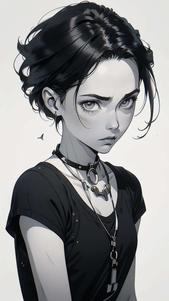 1 boyish girl, solo, sharp eyes, expressionless, monochrome, greyscale, short black hair, portrait, white T-shirt, closed mouth, looking at viewer, graphite \(medium\), detailed lips, hatching \(texture\), without makeup, bangs, upper body, (best illustration), (best quality), (very detailed), (masterpiece), expressionless,