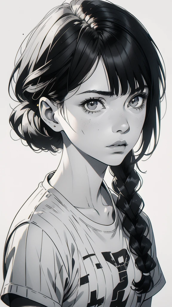 1 boyish girl, solo, sharp eyes, expressionless, monochrome, greyscale, short black hair, portrait, white T-shirt, closed mouth, looking at viewer, graphite \(medium\), detailed lips, hatching \(texture\), without makeup, bangs, upper body, (best illustration), (best quality), (very detailed), (masterpiece), expressionless,