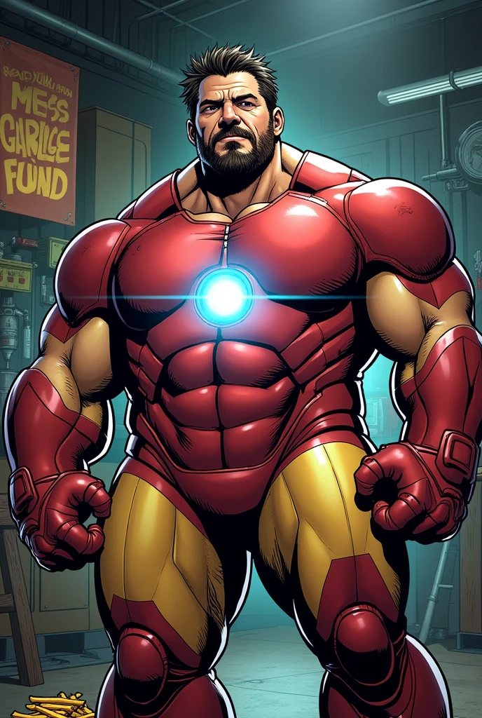 Marvel comics iron man character with iron briefs shirtless with ark reactor on chest . muscular and corpulent. eating french fries. Garage Fund. American style drawing image hd . Diagonal view