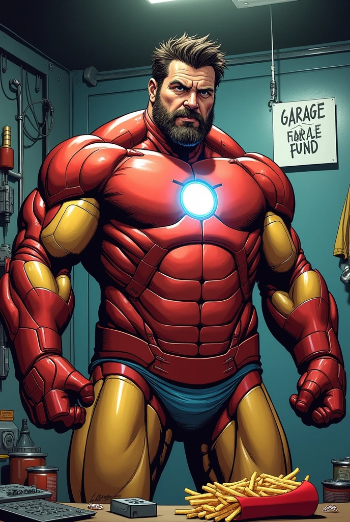 Marvel comics iron man character with iron briefs shirtless with ark reactor on chest . muscular and corpulent. eating french fries. Garage Fund. American style drawing image hd . Diagonal view