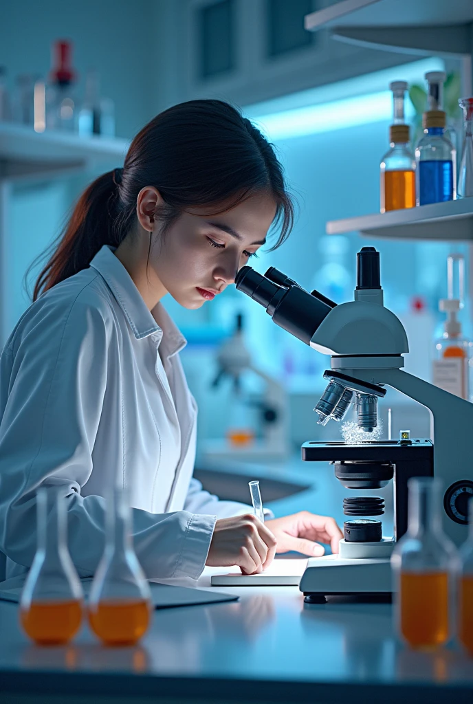 A large-scale image of a laboratory with microscopes, test tubes and a biology laboratory assistant in a white lab coat who is concentrating on an experiment. Optionally, DNA strands or cell structures could be incorporated as additional visual elements.