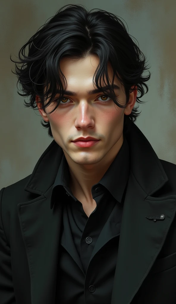 The young man had darker hair, His eyes were brown, pure devine pale skin, He was wearing old but dark clothes, looks like a mafia, She smiled in a very elegant but at the same time daring way