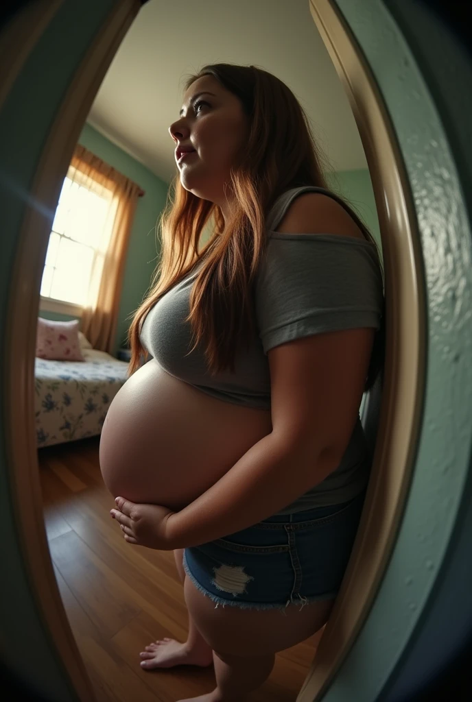 Pov of a pregnant plus size stepmother has opened her mouth because she is hungry and she wants to eat you when you are home alone. HD, fish eye camera view, realface, cinematic, iphone camera style