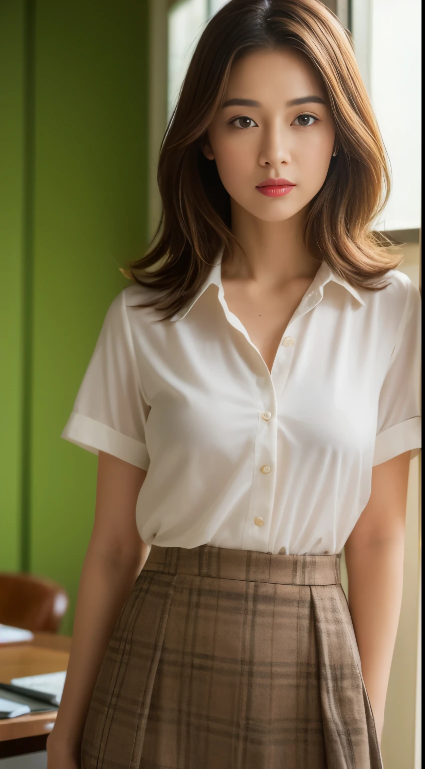 ((Day, Best Quality, 8K, Masterpiece: 1.2, Realistic)), Sharp focus: 1.2, Whole Body: 1.4, Slender Abs: 1.2, ((Long dark brown layered hairstyle, Medium Breasts: 1.2)), (Tight white office shirt: 1.1, Tight long skirt: 1.1, Standing: 1.2), ((1 girl, Solo, Solo shot: 1.1)), (Indoor, Room, Realistic office background: 1.1, Day lights: 1.2), Highly detailed face and skin texture, detailed eyes, double eyelids, seducing random look: 1.1, full body camera view, point of view camera, (Long distance camera: 1.1, Face looking at the camera, Point of view: 1.2)