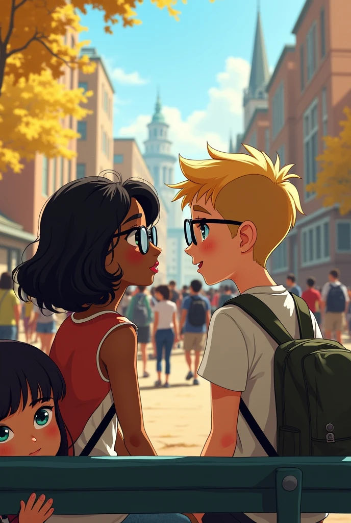 A girl with blue eyes and curly bob hair and very light brown skin wearing glasses is talking to a blond boy, turquoise eyes. They sit on a bench and behind a girl who has black hair and no bangs looks at them sadly.. In the middle of a crowd at the university. Version pixar 2d.