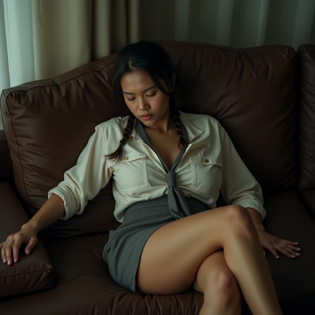 bad quality. beautiful young thai girl, braid hair 1, wearing a white shirt, short skirt and grey tie, super sexy hot curvy, sexy hot busty. Sexy butt. wet hair, lots of sweat dripping. lots of sweat dripping. holding a bottle of mineral water expression tired, sitting leaning on the brown sofa in the living room, both hands stretched out to the side. at night. Both Legs spread wide on the couch. Body weight 77kg. Bright white skin. Shirt half open. Grainy colored cctv footage. low light. Bad image color.
