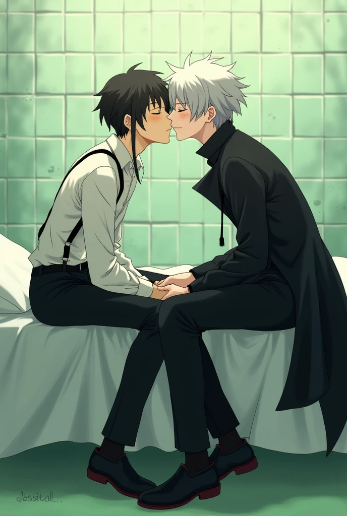 atsushi and akutagawa from bungo stray dogs playfully kissing. Draw them as they are depicted visually in the Bungo Stray Dogs anime. no furries. atsushi has black suspenders over a white disheveled button up shirt, black pants that stop at his calves, black chukka boots. Atsushi is adorable and naive and innocent, has short choppy bright silver hair in an asymmetrical bob haircut with one long sidelock that goes down to just above his shoulder. Akutagawa wears an all black suit, he is very very thin and slender, wears a long sinister black trenchcoat with the lapels and collar flipped up around his neck. Akutagawa has short choppy spikey hair in a punky bob haircut. He has two sidelocks that fade to pure white at the ends that stop just above his shoulders. His trenchcoat is always fluttering dramatically around him. They are joking around flirtatiously, and end up with a cute kiss. They are sitting side by side cross-legged on a hospital bed in a tiled pale green-tinted dusty old room.