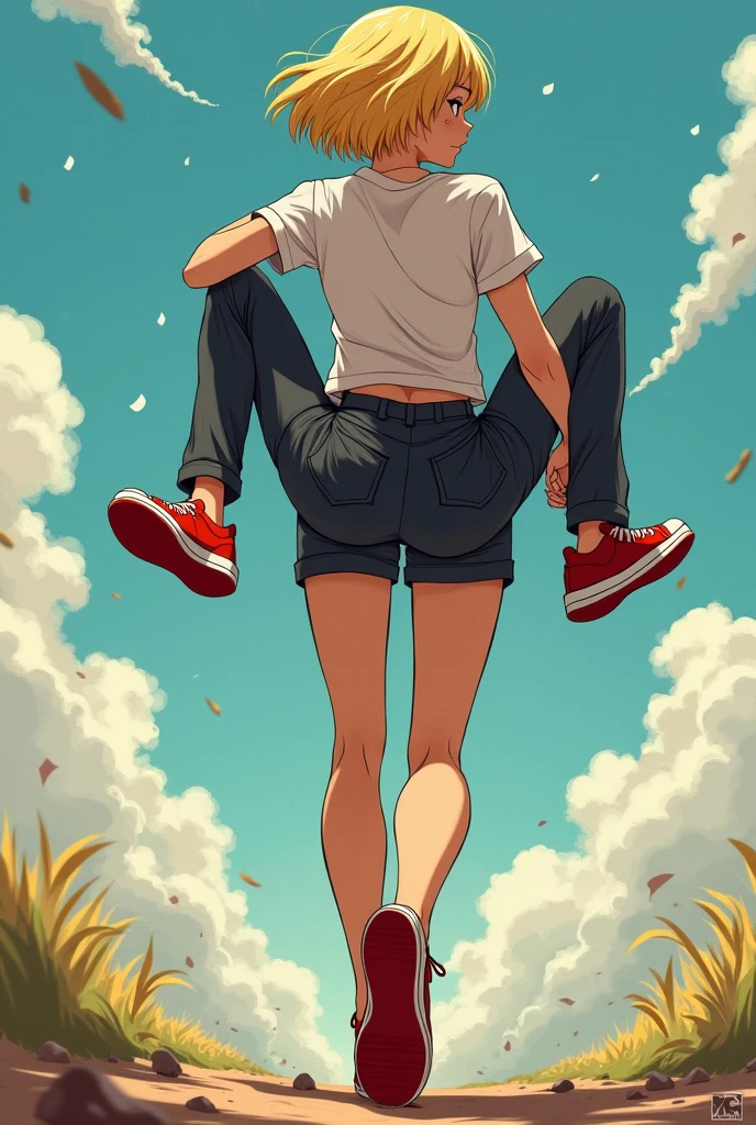 anime art, The girl lifted and held the man on her shoulder, one hand holds a man , view from the girl's back, girl's ass, blonde girl with bob, in red sneakers
