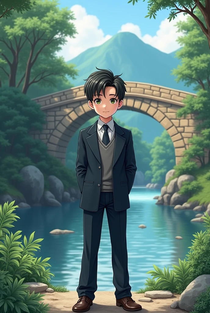 A handsome boy in school dress.
In front of a river bridge
