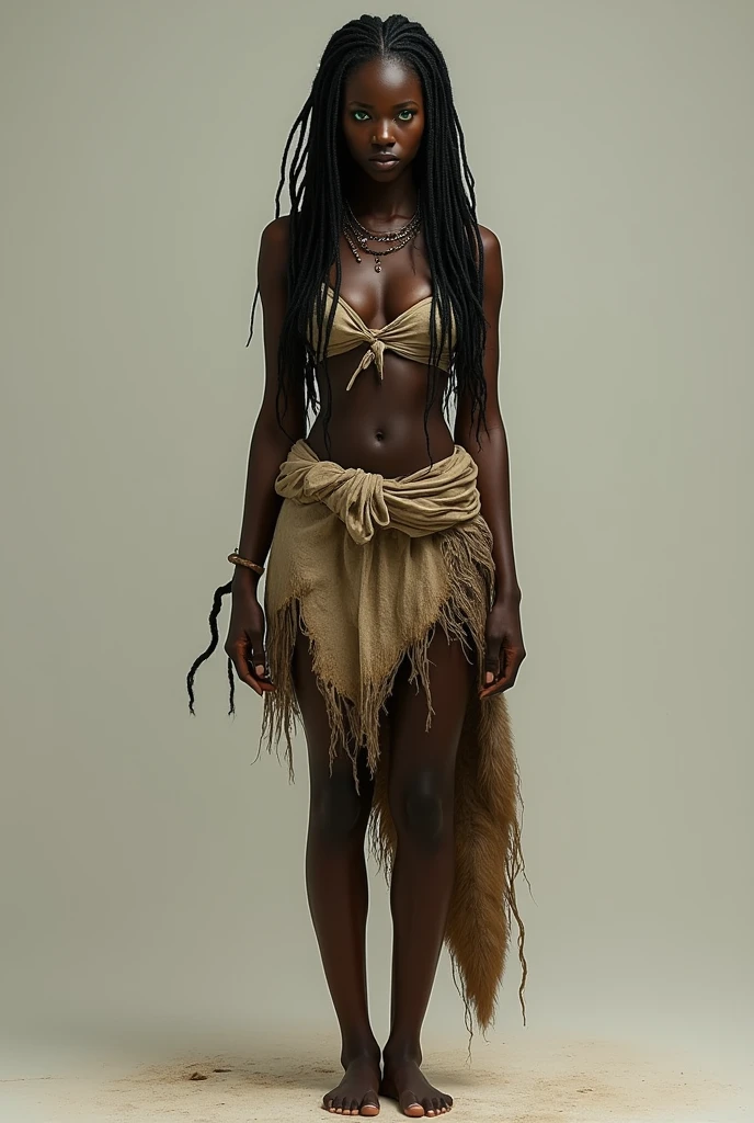 Really dark skinned 
Only one 2 woman
Really dark skin 
Really dark skin 
Green eyes
Long hair with lots of African three hundred
Using a torn piece of cloth to cover her breasts
Using a piece of cloth and wolf skin as a skirt
Barefoot 