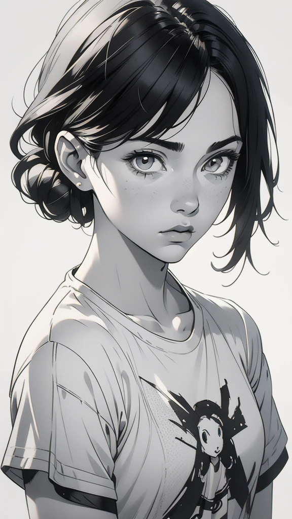 1 boyish girl, solo, sharp eyes, expressionless, monochrome, greyscale, short black hair, portrait, white T-shirt, closed mouth, looking at viewer, graphite \(medium\), detailed lips, hatching \(texture\), without makeup, bangs, upper body, (best illustration), (best quality), (very detailed), (masterpiece), expressionless,