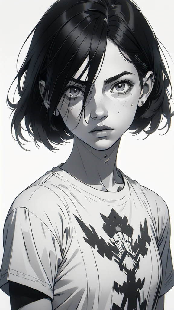 1 boyish girl, solo, sharp eyes, expressionless, monochrome, greyscale, short black hair, portrait, white T-shirt, closed mouth, looking at viewer, graphite \(medium\), detailed lips, hatching \(texture\), without makeup, bangs, upper body, (best illustration), (best quality), (very detailed), (masterpiece), expressionless,