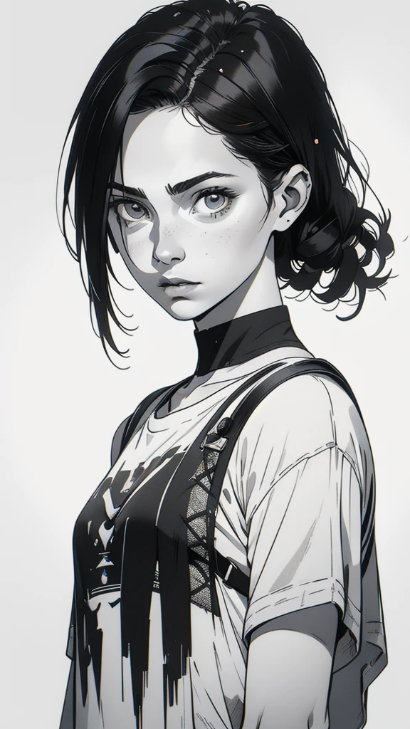 1 boyish girl, solo, sharp eyes, expressionless, monochrome, greyscale, short black hair, portrait, white T-shirt, closed mouth, looking at viewer, graphite \(medium\), detailed lips, hatching \(texture\), without makeup, bangs, upper body, (best illustration), (best quality), (very detailed), (masterpiece), expressionless,