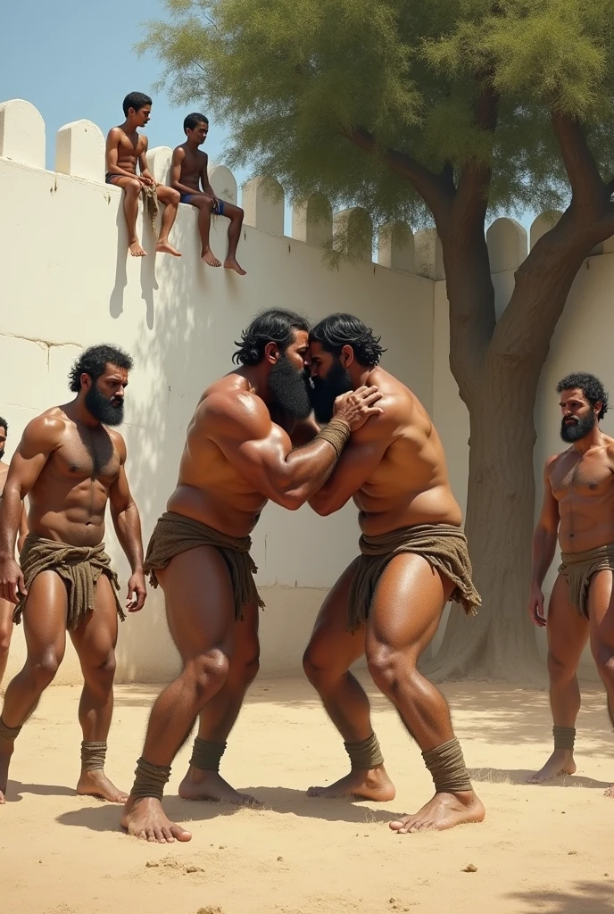 Dois homens persas grandes peludos barbudos fortes e malhados em pé de cuecas brancas lutando no Sandy ground, with other men in their underwear around, in a courtyard completely walled with a white wall, Sandy ground, a big tree in the background. Two boys sitting on the wall watching.