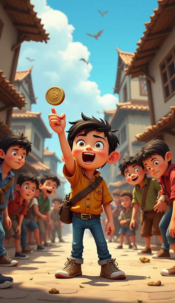 Older boy go on village and hold coin and said to village people who is the onwer of this coin cartoon all villagers see the boy on shocking and exciting way villager come to stand all and see what happened here