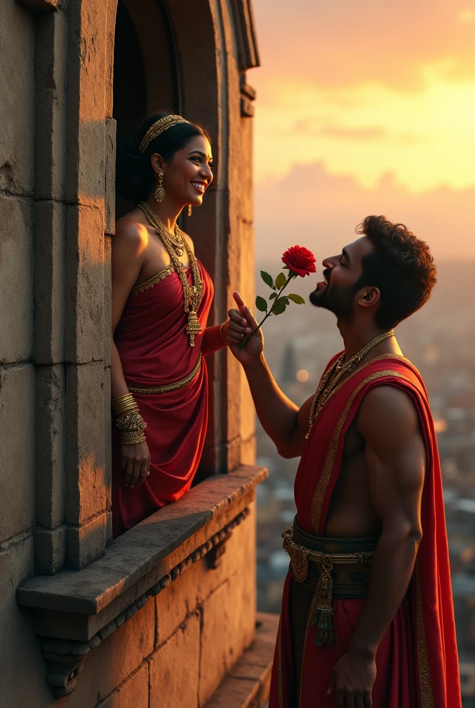 A dramatic selfie taken by a joyful, full-figured busty Sri Lankan woman adorned in ancient jewelry and traditional robes. She leans gracefully from the window of a tall, weathered stone tower, which has an abandoned and dusty appearance. Below her, a muscular Sri Lankan prince, dressed in regal ancient robes, is crawling up the tower, holding a rose between his lips as he reaches out toward her,sunset,evening sky,