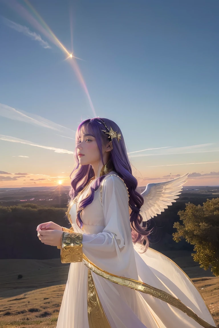 ((Masterpiece, best quality, very detailed), Volumetric light, surrounding occlusion, colorful, glow), 
1 girl, alone, young girl, (purple hair), long hair, radius, Aura, sacred, goddess, Priest Uniform, (White dress with gold details:1.3), angel wings,
outdoor, sunset, sky, cloud, space, (Fantasy Theme:1.2),