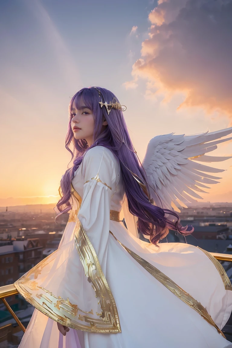 ((Masterpiece, best quality, very detailed), Volumetric light, surrounding occlusion, colorful, glow), 
1 girl, alone, young girl, (purple hair), long hair, radius, Aura, sacred, goddess, Priest Uniform, (White dress with gold details:1.3), angel wings,
outdoor, sunset, sky, cloud, space, (Fantasy Theme:1.2),