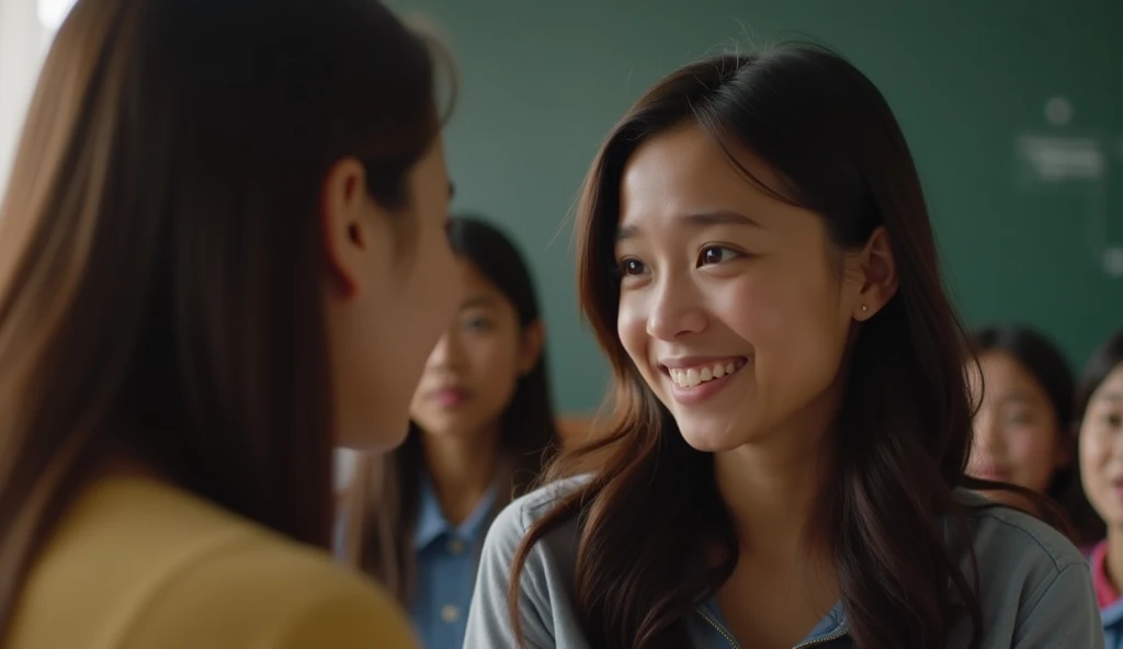 A close-up of the teacher and Mahin, with the teacher’s expression showing empathy and understanding, while Mahin looks relieved and emotional after sharing her story. The background could include classmates showing expressions of sympathy.