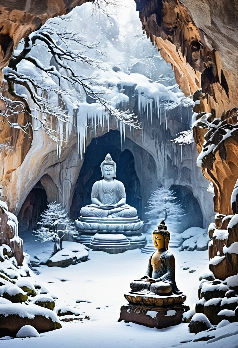 Cave carvings，A Buddha statue,Snow Fairy Tale