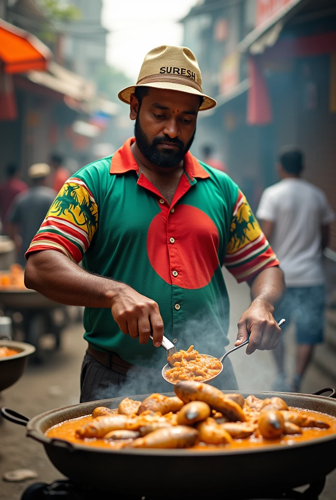 A man with a Bangladesh shirt ,hat with text Suresh cooking fish curry and grilling fish in Kolkata