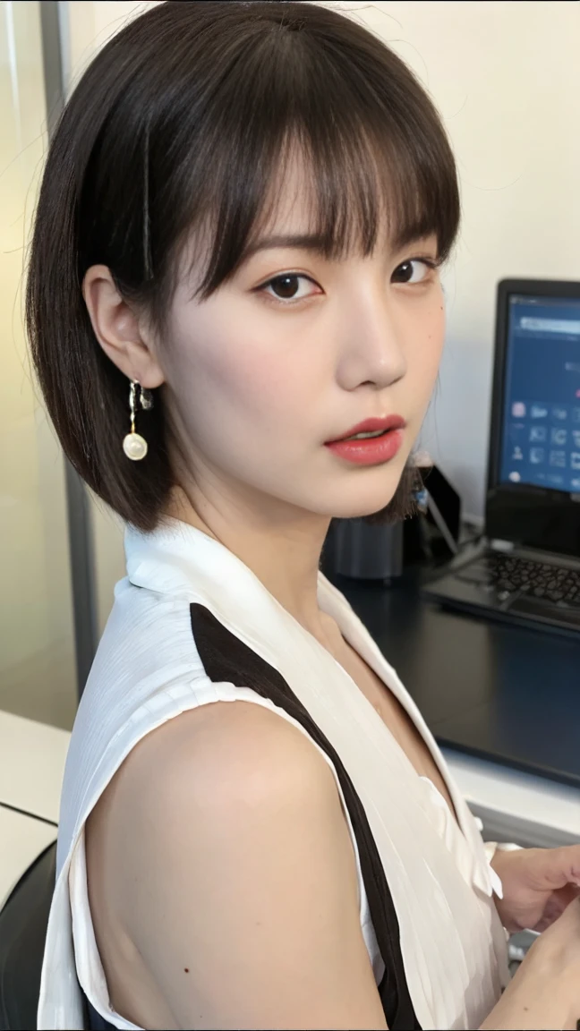 (top-quality, 16K, ​masterpiece:1.3), (ultra detailed), (masterpiece), (best quality), Highest quality, Realistic, Surreal, Highest quality, Extremely detailed CG, Very delicate, 16K wallpaper, High resolution, BREAK ((Silky hair)), ((short Hair:1.5)), ((Low ponytail:1.5)), (hime style:1.2), (hime cut:1.2), ((asymmetrical bangs)), (a woman in a management position at a prestigious company), ((solo)), ((8 heads tall)), ((38歳)), BREAK ((upper body:1.4)), ((look into the viewer's eyes:1.5)), ((looking at viewer:1.4)), ((Front view:1.5)), ((from front:1.5)), BREAK short arms, ((small eyes)), fleeting atmosphere, ((thin eyebrows:1.4)), ((thin lips:1.5)), (embarrassed, blush), ((orgasm:1.4)), ((ecstasy:1.5)), (slut:1.2), (fucked silly:1.2), ((mole, beauty mark:1.5)), BREAK (very beautiful woman), ((UNTITLED business suit:1.5)), ((Very simple necklace)), ((earrings)), ((With a large window Japanese office)), ((Working at desk:1.4)), Japanese, slender body, very detailed, detailed fingers, detailed hands, detailed eyes, detailed legs, accurate and perfect human anatomy, real human skin,