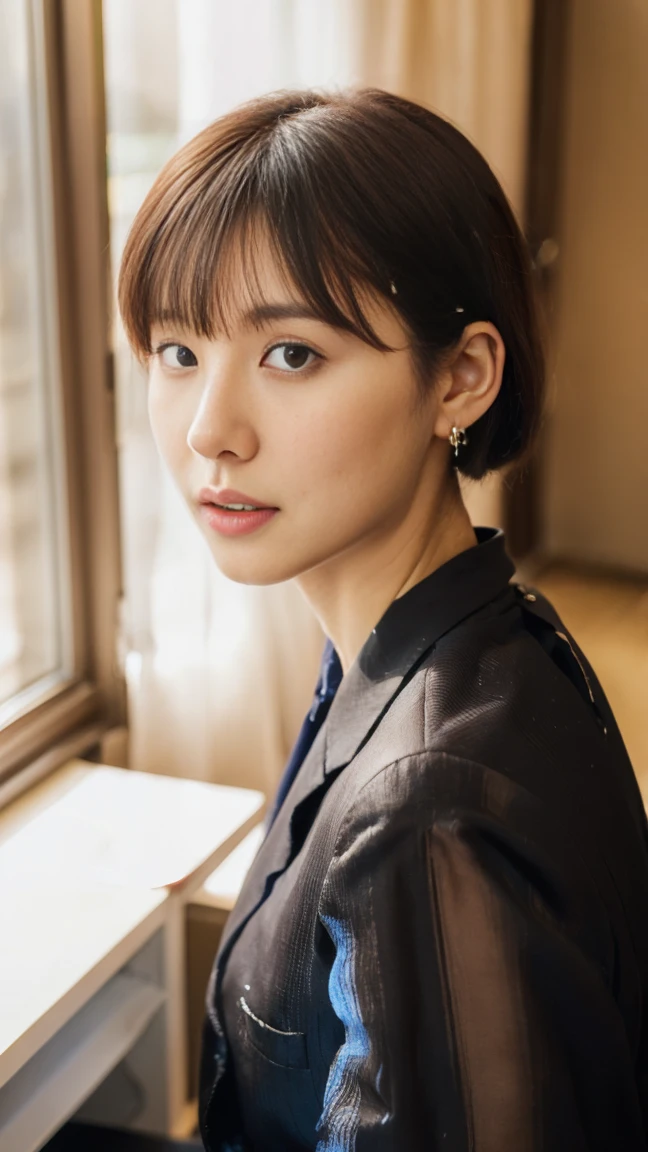 (top-quality, 16K, ​masterpiece:1.3), (ultra detailed), (masterpiece), (best quality), Highest quality, Realistic, Surreal, Highest quality, Extremely detailed CG, Very delicate, 16K wallpaper, High resolution, BREAK ((Silky hair)), ((short Hair:1.5)), ((Low ponytail:1.5)), (hime style:1.2), (hime cut:1.2), ((asymmetrical bangs)), (a woman in a management position at a prestigious company), ((solo)), ((8 heads tall)), ((38歳)), BREAK ((upper body:1.4)), ((look into the viewer's eyes:1.5)), ((looking at viewer:1.4)), ((Front view:1.5)), ((from front:1.5)), BREAK short arms, ((small eyes)), fleeting atmosphere, ((thin eyebrows:1.4)), ((thin lips:1.5)), (embarrassed, blush), ((orgasm:1.4)), ((???????:1.5)), (slut:1.2), (fucked silly:1.2), ((mole, beauty mark:1.5)), BREAK (very beautiful woman), ((UNTITLED business suit:1.5)), ((Very simple necklace)), ((earrings)), ((With a large window Japanese office)), ((Working at desk:1.4)), Japanese, slender body, very detailed, detailed fingers, detailed hands, detailed eyes, detailed legs, accurate and perfect human ???????, real human skin,