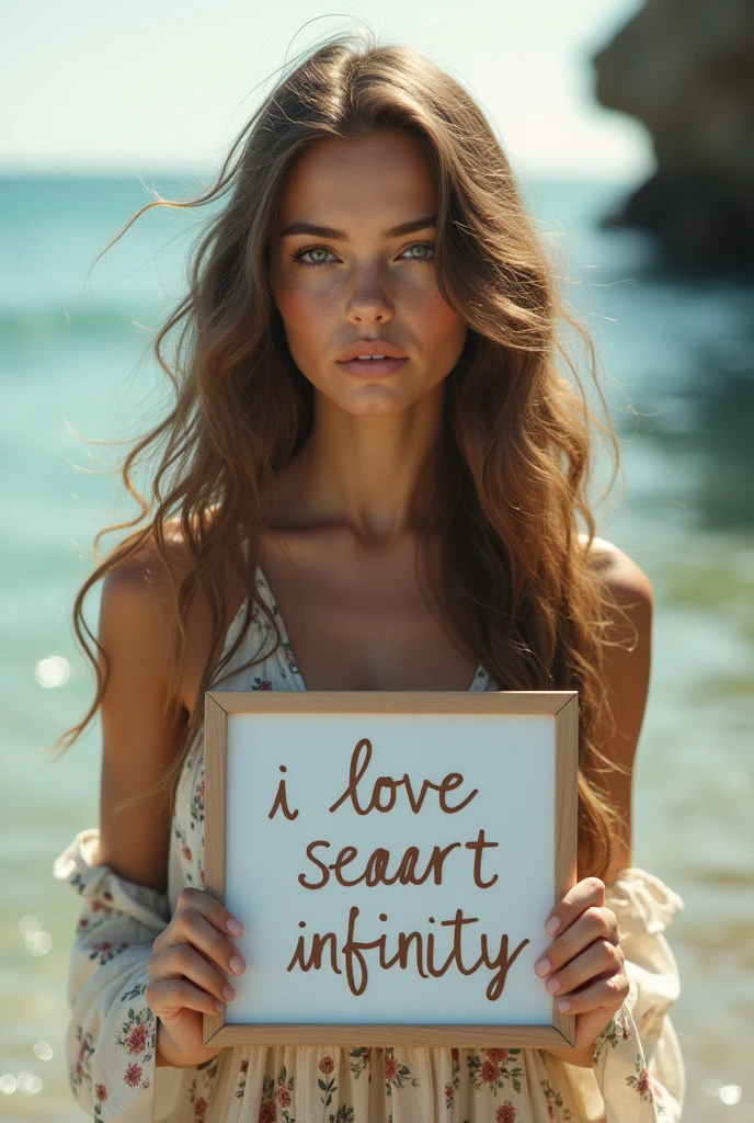 Beautiful girl with wavy long hair, bohemian dress, holding a white board with text "I Love Seaart Infinity" and showing it to the viewer