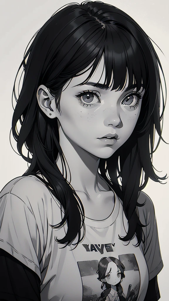 1 boyish girl, solo, sharp eyes, expressionless, monochrome, greyscale, short black hair, portrait, white T-shirt, closed mouth, looking at viewer, graphite \(medium\), detailed lips, hatching \(texture\), without makeup, bangs, upper body, (best illustration), (best quality), (very detailed), (masterpiece), expressionless,