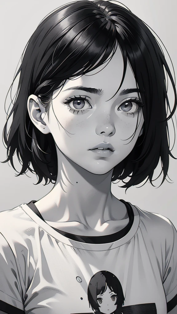 1 boyish girl, solo, sharp eyes, expressionless, monochrome, greyscale, short black hair, portrait, white T-shirt, closed mouth, looking at viewer, graphite \(medium\), detailed lips, hatching \(texture\), without makeup, bangs, upper body, (best illustration), (best quality), (very detailed), (masterpiece), expressionless,
