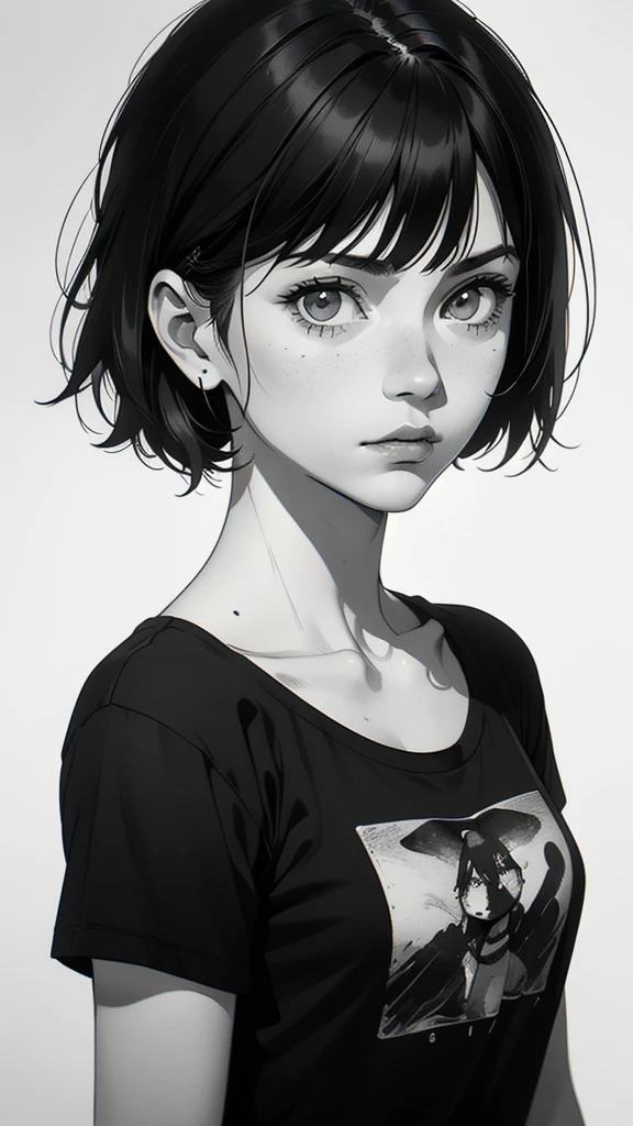 1 boyish girl, solo, sharp eyes, expressionless, monochrome, greyscale, short black hair, portrait, white T-shirt, closed mouth, looking at viewer, graphite \(medium\), detailed lips, hatching \(texture\), without makeup, bangs, upper body, (best illustration), (best quality), (very detailed), (masterpiece), expressionless,