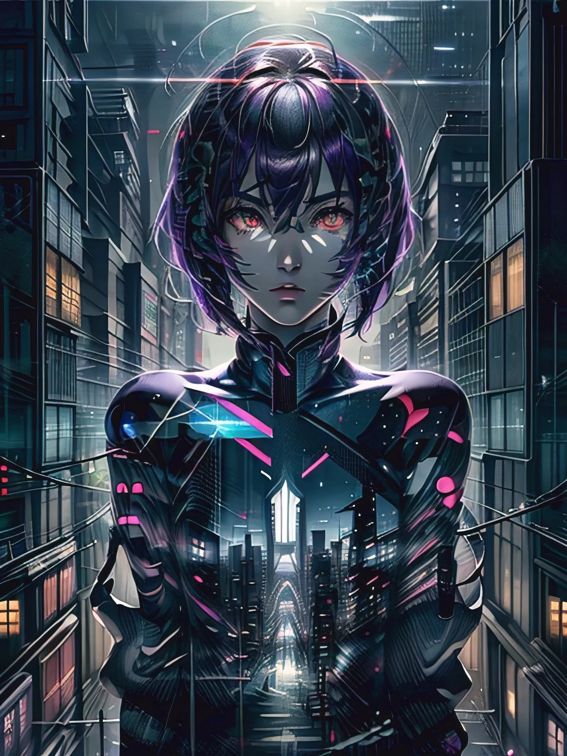 Ghost in the Shell, Motoko Kusanagi, very beautiful face, Purple short bob cut, Hair between the eyes, Slightly asymmetrical bangs, red eyes, ((Optical Camouflage Suit, Optical camouflage suit from the neck down), (Double exposure on the neck down:1.3, double exposure), Jump up into the sky, view From above, Facing the camera, The background is Tokyo's buildings at night, Reflective and shiny, ((Night Scenery)), Lots of window lights, Glitching, ((masterpiece, best quality, high resolution))