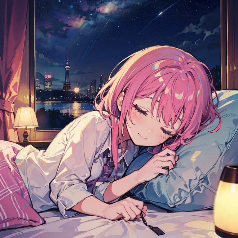 Girl Sleeping Happy sleeping face At the bed Inside the room By night Cloudy